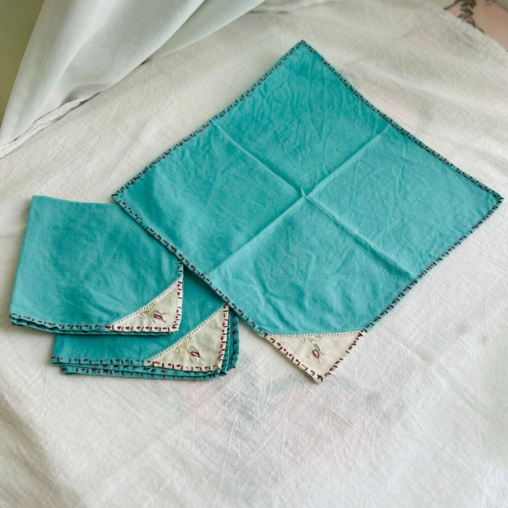 Set of 3 Vintage Handmade Turquoise Embroidered Napkins